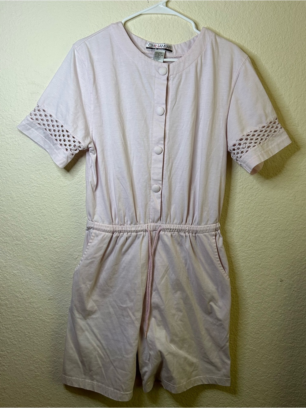 Chinawear Light Pink Button-Front Romper Open Knit Sleeve Summer Shorts Large